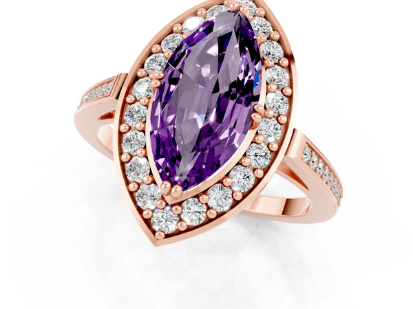 Rose gold Marquise Cut Amethyst Halo Ring with Split Shank and Four-Prong Setting
