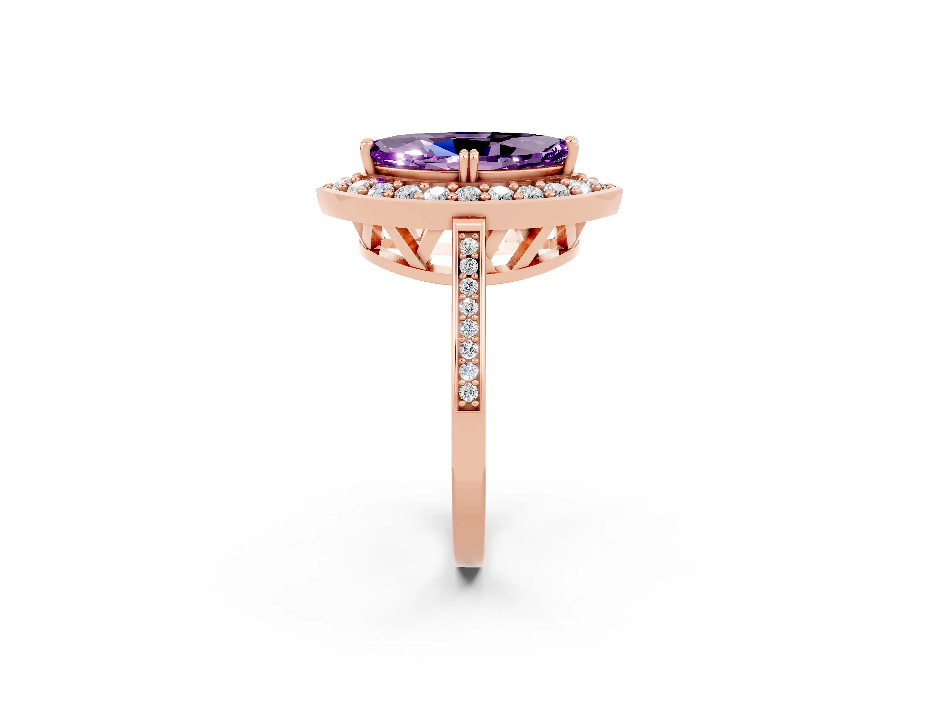 Rose gold Marquise Cut Amethyst Halo Ring with Split Shank and Four-Prong Setting_2