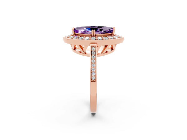 Rose gold Marquise Cut Amethyst Halo Ring with Split Shank and Four-Prong Setting