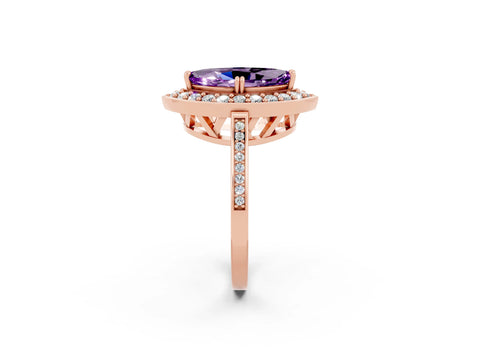Rose gold Marquise Cut Amethyst Halo Ring with Split Shank and Four-Prong Setting_2
