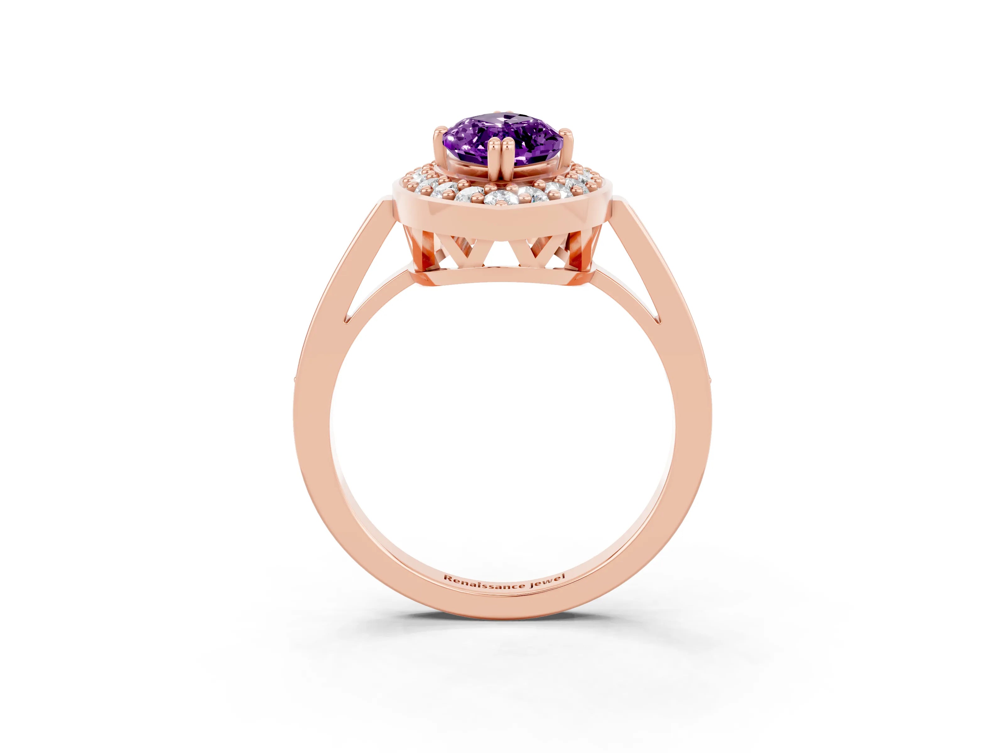 Rose gold Marquise Cut Amethyst Halo Ring with Split Shank and Four-Prong Setting_3
