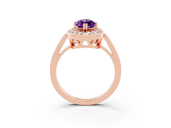 Rose gold Marquise Cut Amethyst Halo Ring with Split Shank and Four-Prong Setting