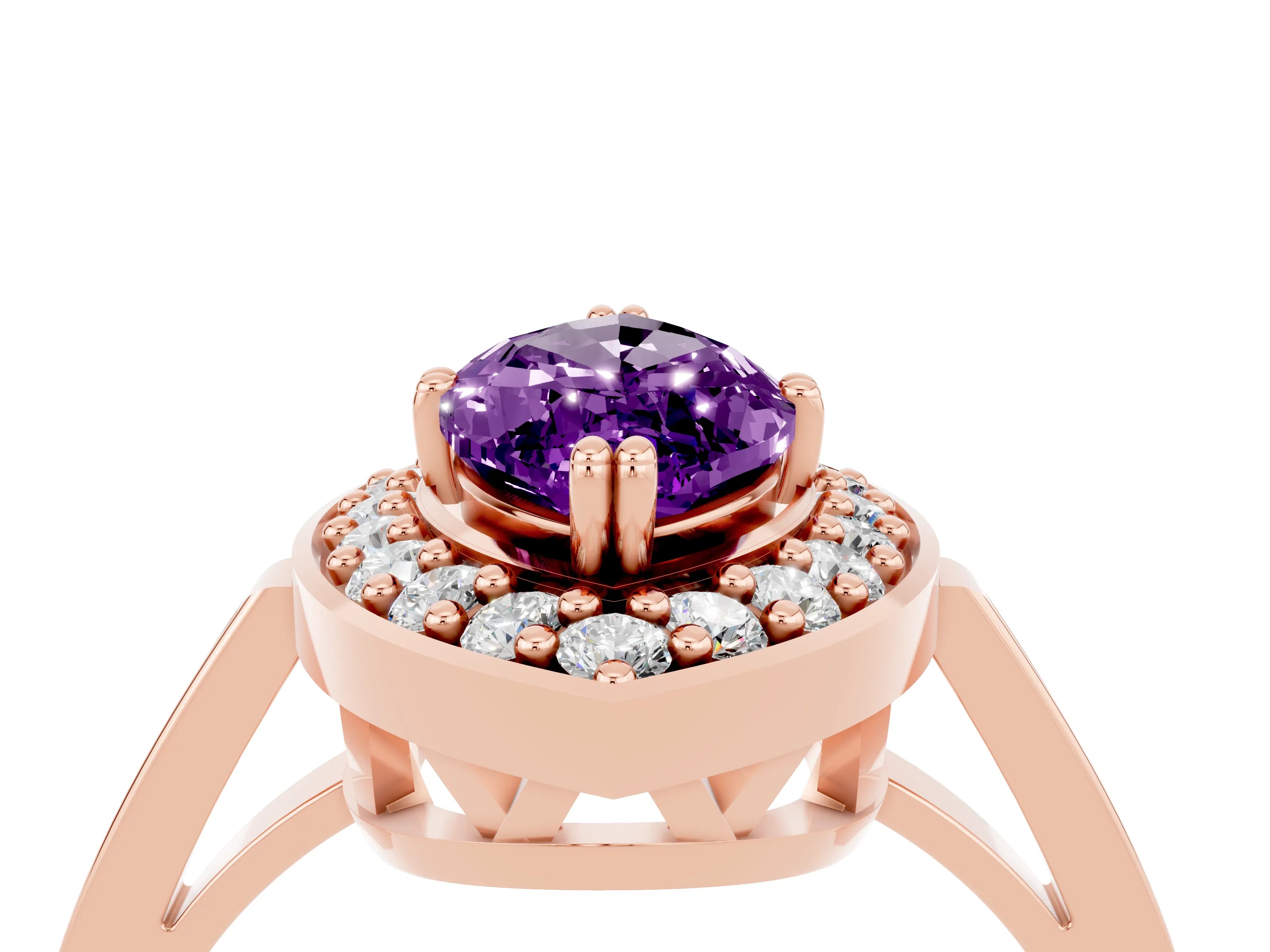 Rose gold Marquise Cut Amethyst Halo Ring with Split Shank and Four-Prong Setting_4
