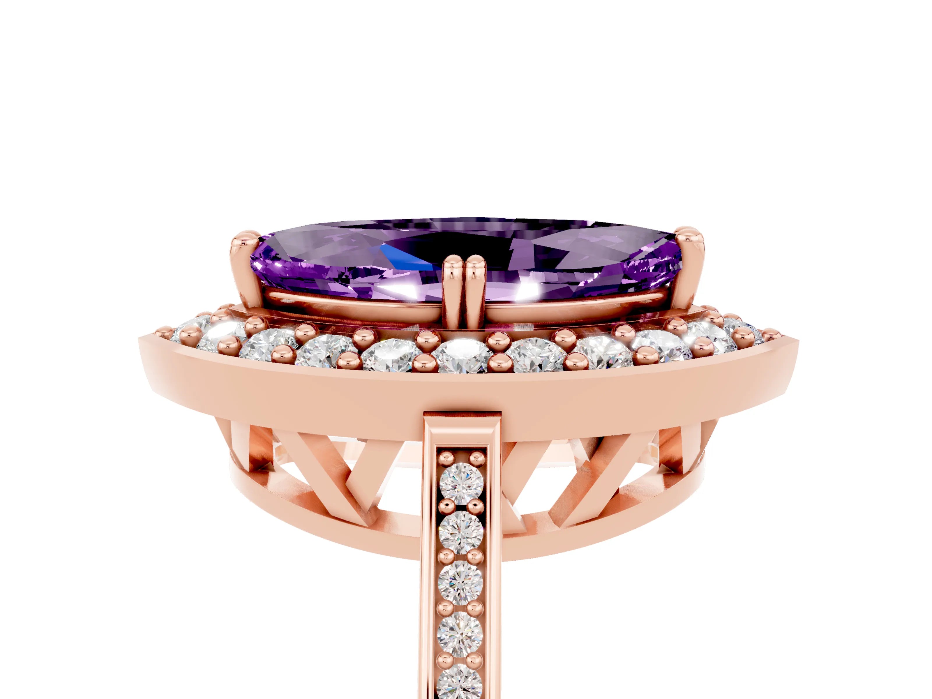 Rose gold Marquise Cut Amethyst Halo Ring with Split Shank and Four-Prong Setting_5