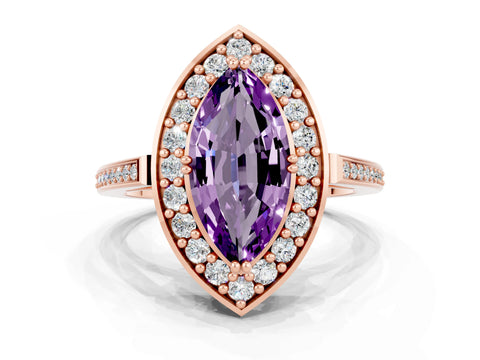 Rose gold Marquise Cut Amethyst Halo Ring with Split Shank and Four-Prong Setting