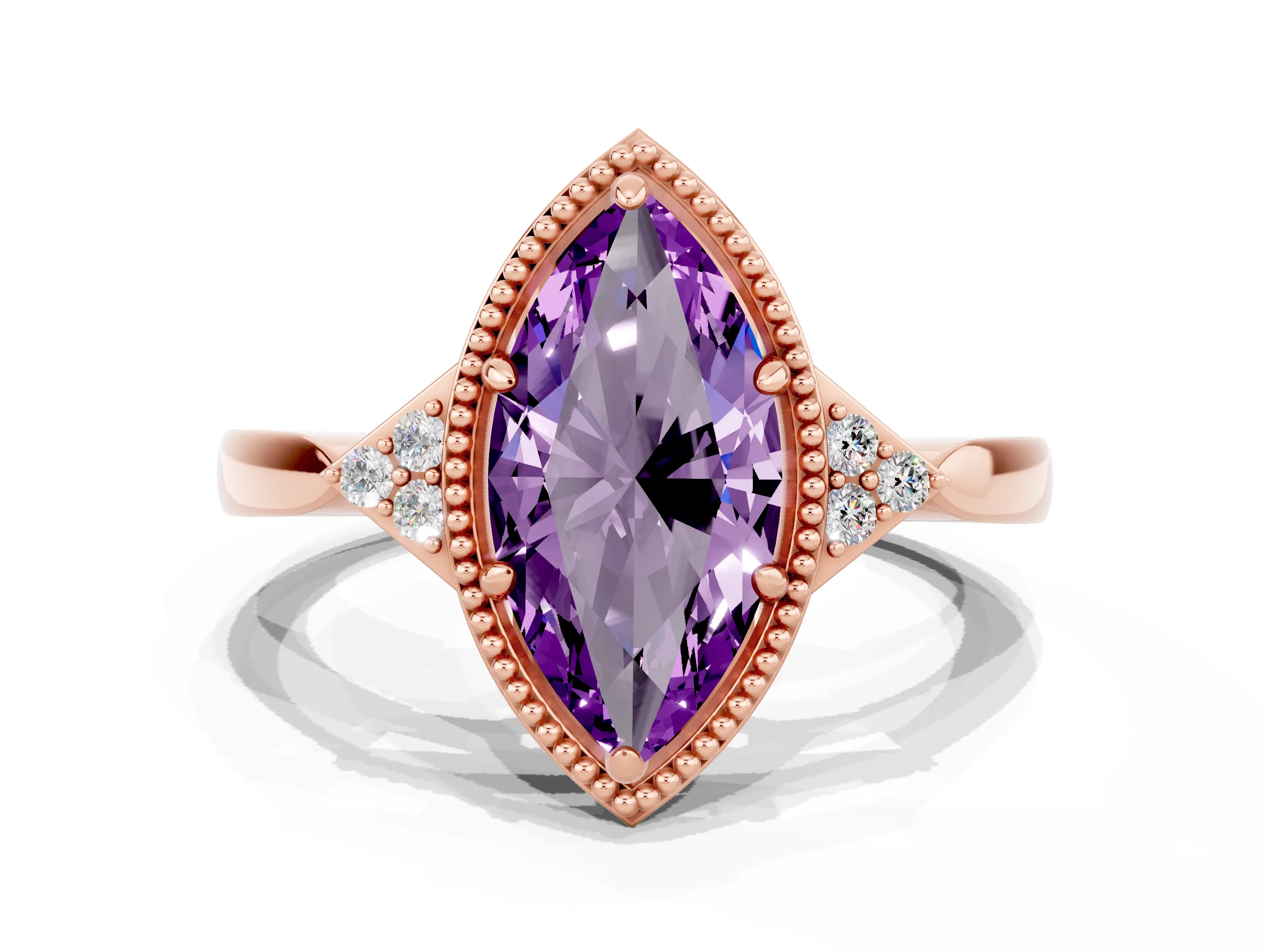 Rose gold Marquise Cut Amethyst Halo Ring with Tapered Band and Four-Prong Setting