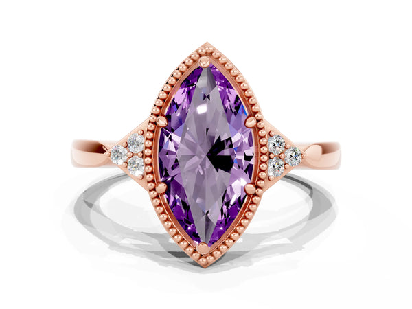 Rose gold Marquise Cut Amethyst Halo Ring with Tapered Band and Four-Prong Setting