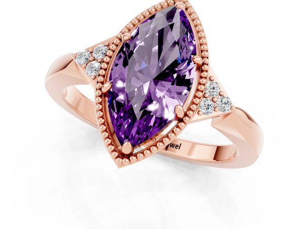 Rose gold Marquise Cut Amethyst Halo Ring with Tapered Band and Four-Prong Setting