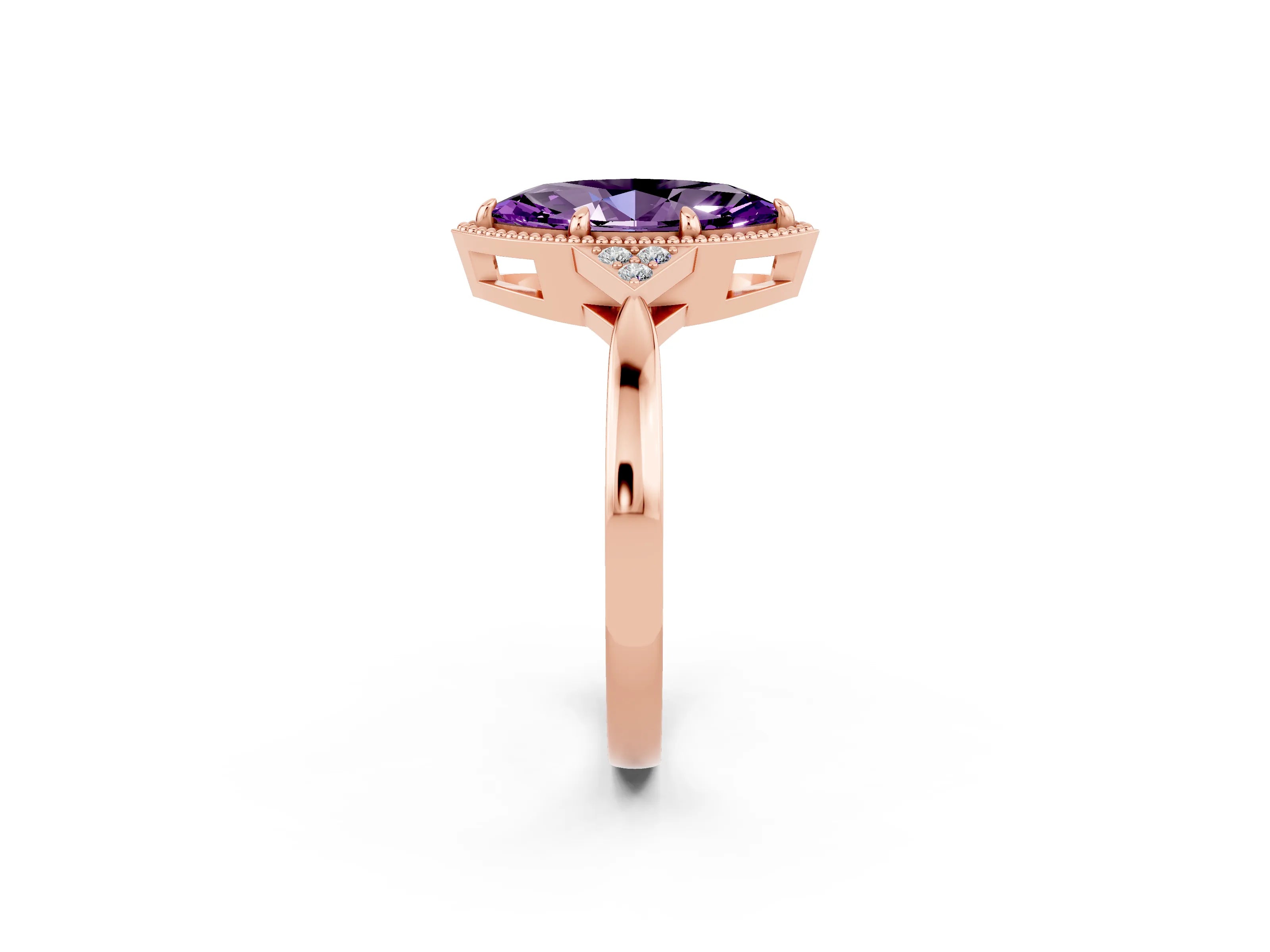 Rose gold Marquise Cut Amethyst Halo Ring with Tapered Band and Four-Prong Setting_2