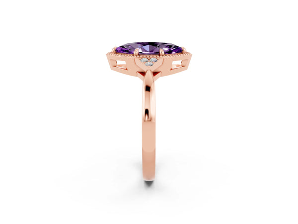 Rose gold Marquise Cut Amethyst Halo Ring with Tapered Band and Four-Prong Setting