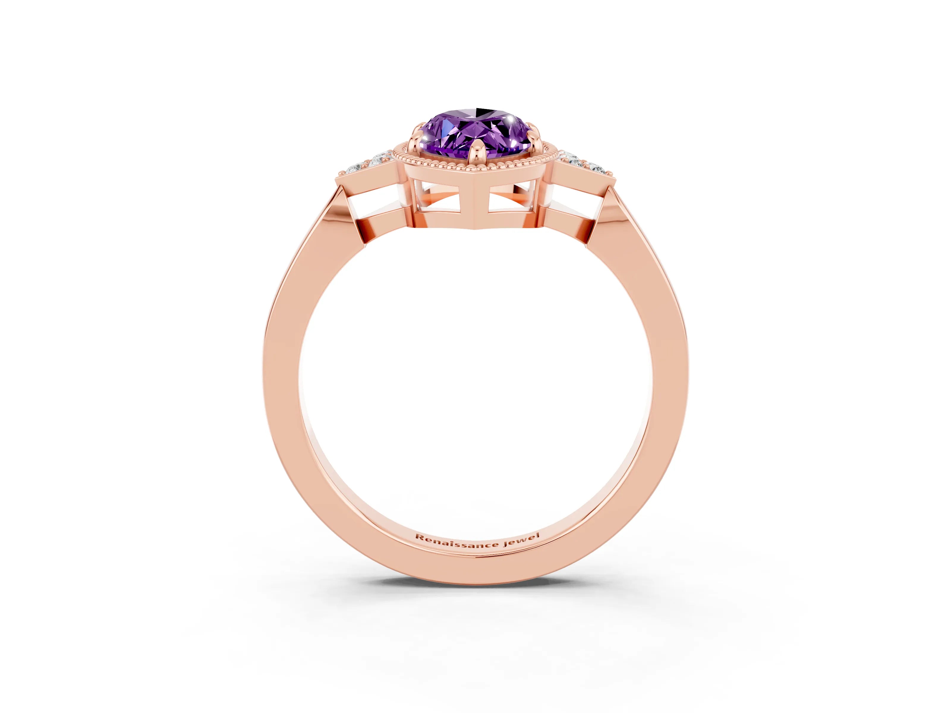 Rose gold Marquise Cut Amethyst Halo Ring with Tapered Band and Four-Prong Setting_3