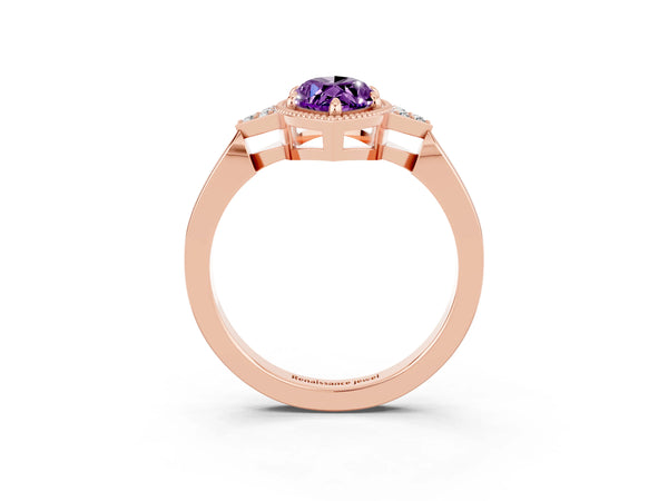 Rose gold Marquise Cut Amethyst Halo Ring with Tapered Band and Four-Prong Setting