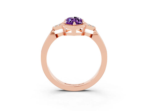 Rose gold Marquise Cut Amethyst Halo Ring with Tapered Band and Four-Prong Setting_3