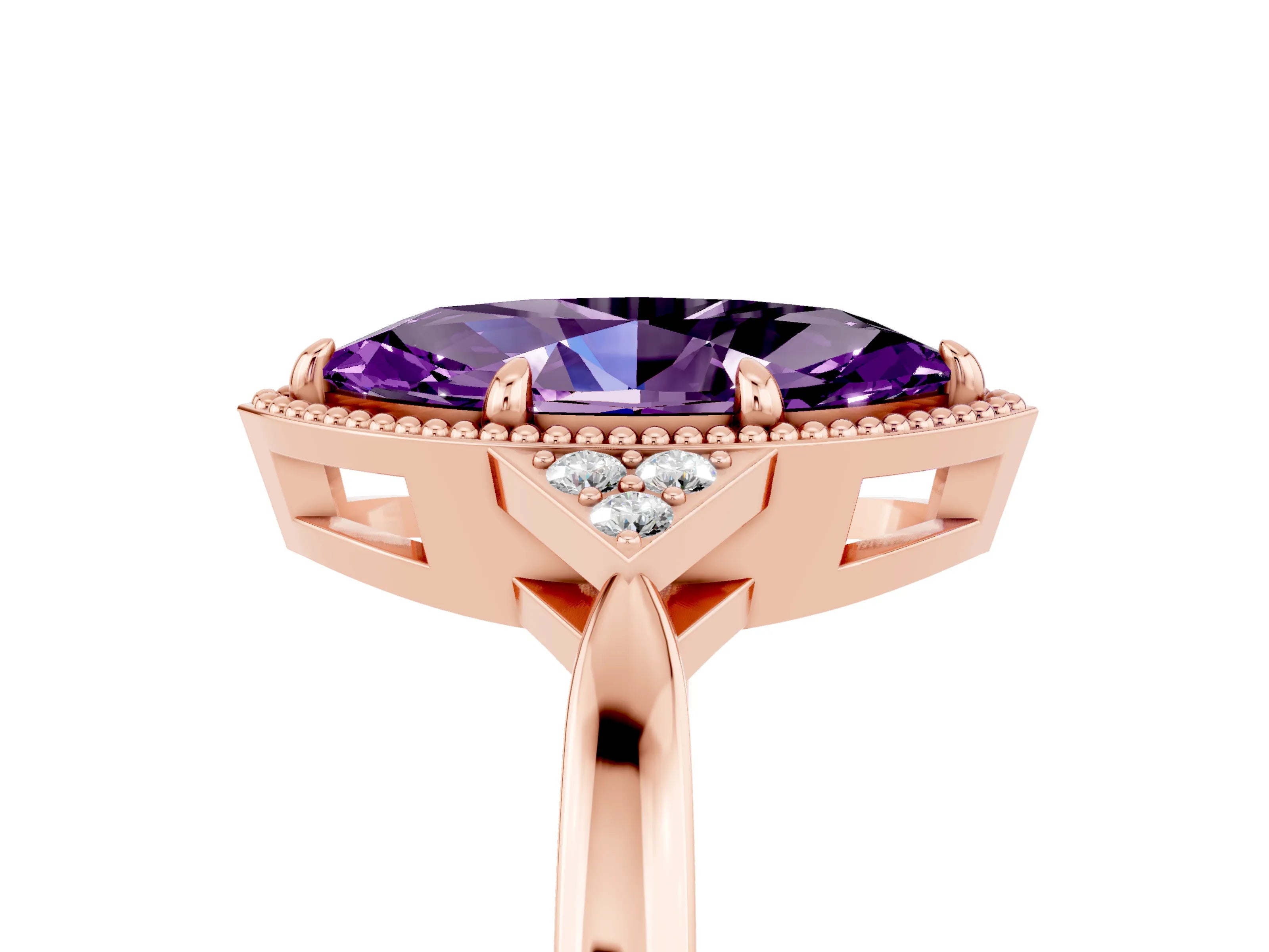 Rose gold Marquise Cut Amethyst Halo Ring with Tapered Band and Four-Prong Setting_5