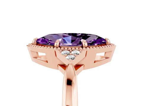 Rose gold Marquise Cut Amethyst Halo Ring with Tapered Band and Four-Prong Setting_5
