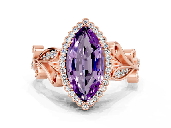 Rose gold Marquise Cut Amethyst Halo Ring with Vintage Split Shank and Four-Prong Setting