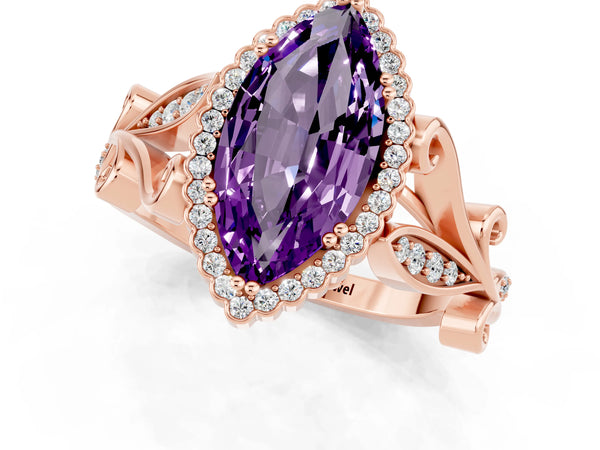 Rose gold Marquise Cut Amethyst Halo Ring with Vintage Split Shank and Four-Prong Setting