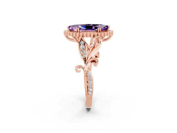 Rose gold Marquise Cut Amethyst Halo Ring with Vintage Split Shank and Four-Prong Setting