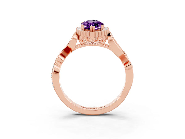 Rose gold Marquise Cut Amethyst Halo Ring with Vintage Split Shank and Four-Prong Setting