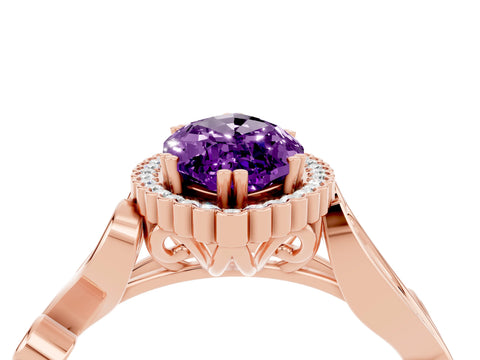 Rose gold Marquise Cut Amethyst Halo Ring with Vintage Split Shank and Four-Prong Setting_4