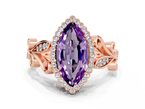 Rose gold Marquise Cut Amethyst Halo Ring with Vintage Split Shank and Four-Prong Setting