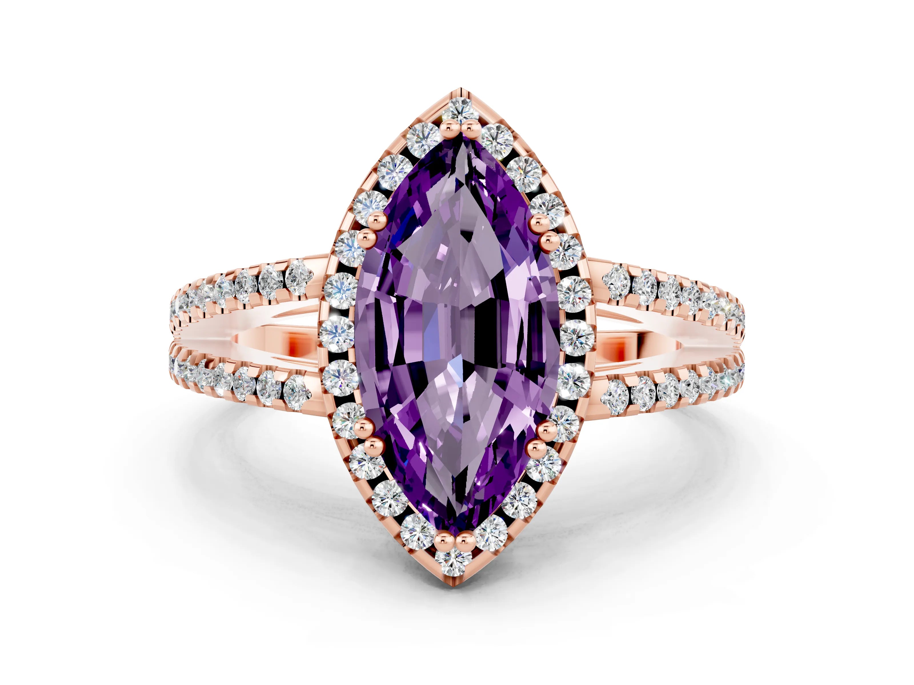 Rose gold Marquise Cut Amethyst Halo Split Shank Engagement Ring_12