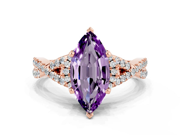 Rose gold Marquise Cut Amethyst  Halo Twist Band Solitaire Prong Setting Ring