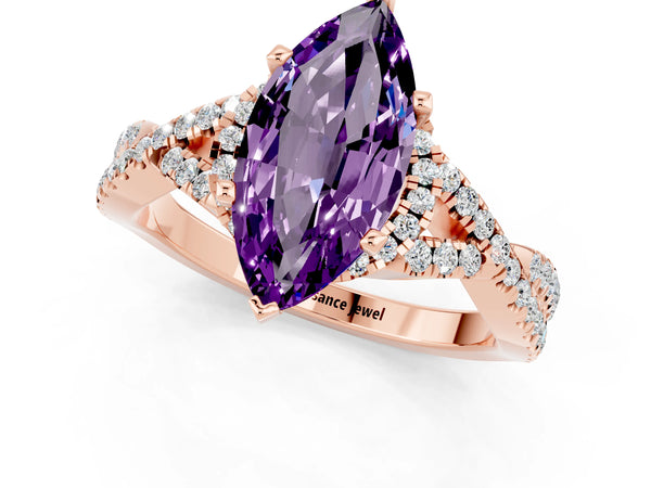 Rose gold Marquise Cut Amethyst  Halo Twist Band Solitaire Prong Setting Ring