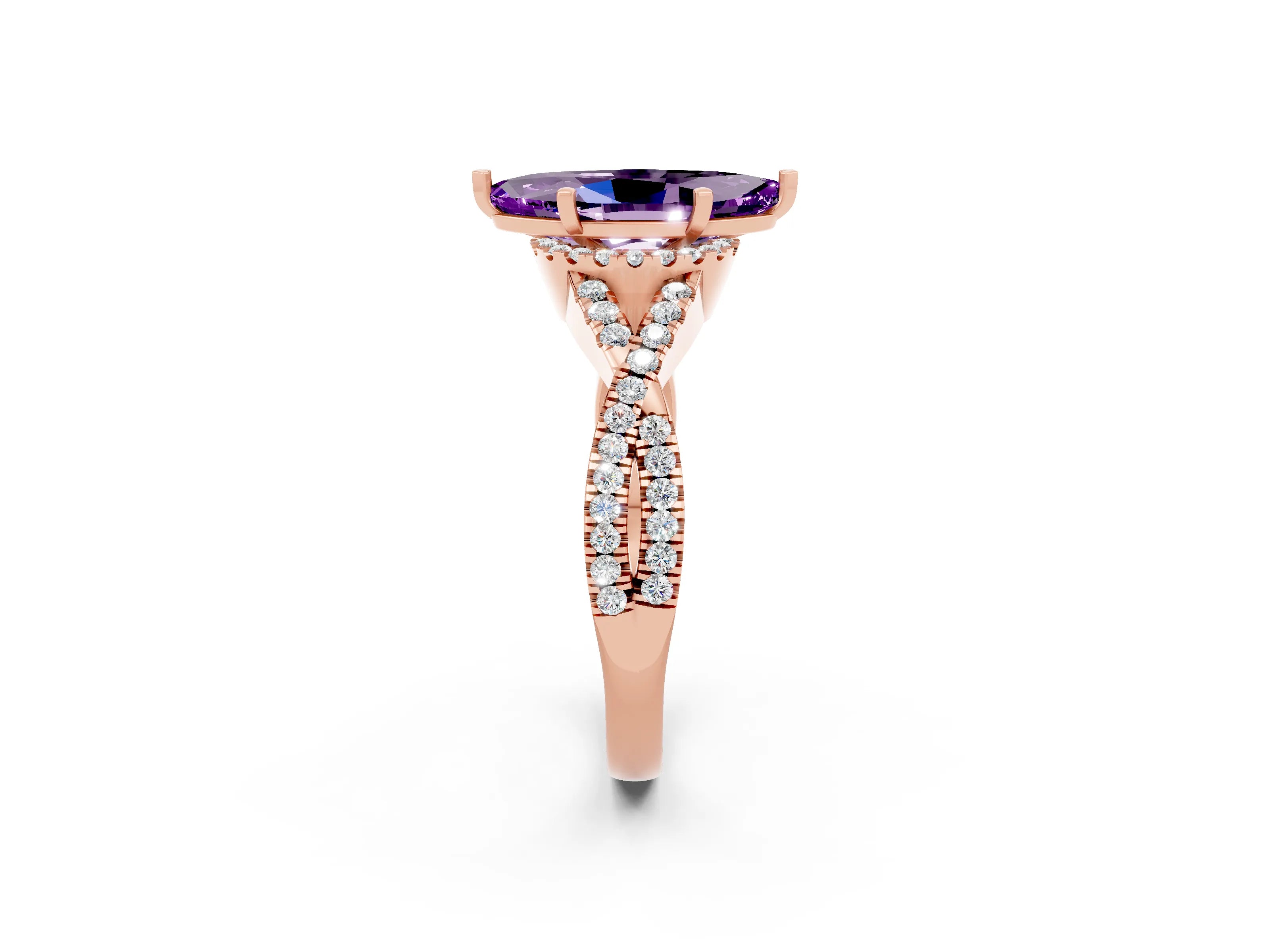 Rose gold Marquise Cut Amethyst Halo Twist Band Solitaire Prong Setting Ring_2