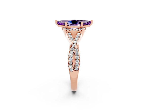 Rose gold Marquise Cut Amethyst  Halo Twist Band Solitaire Prong Setting Ring