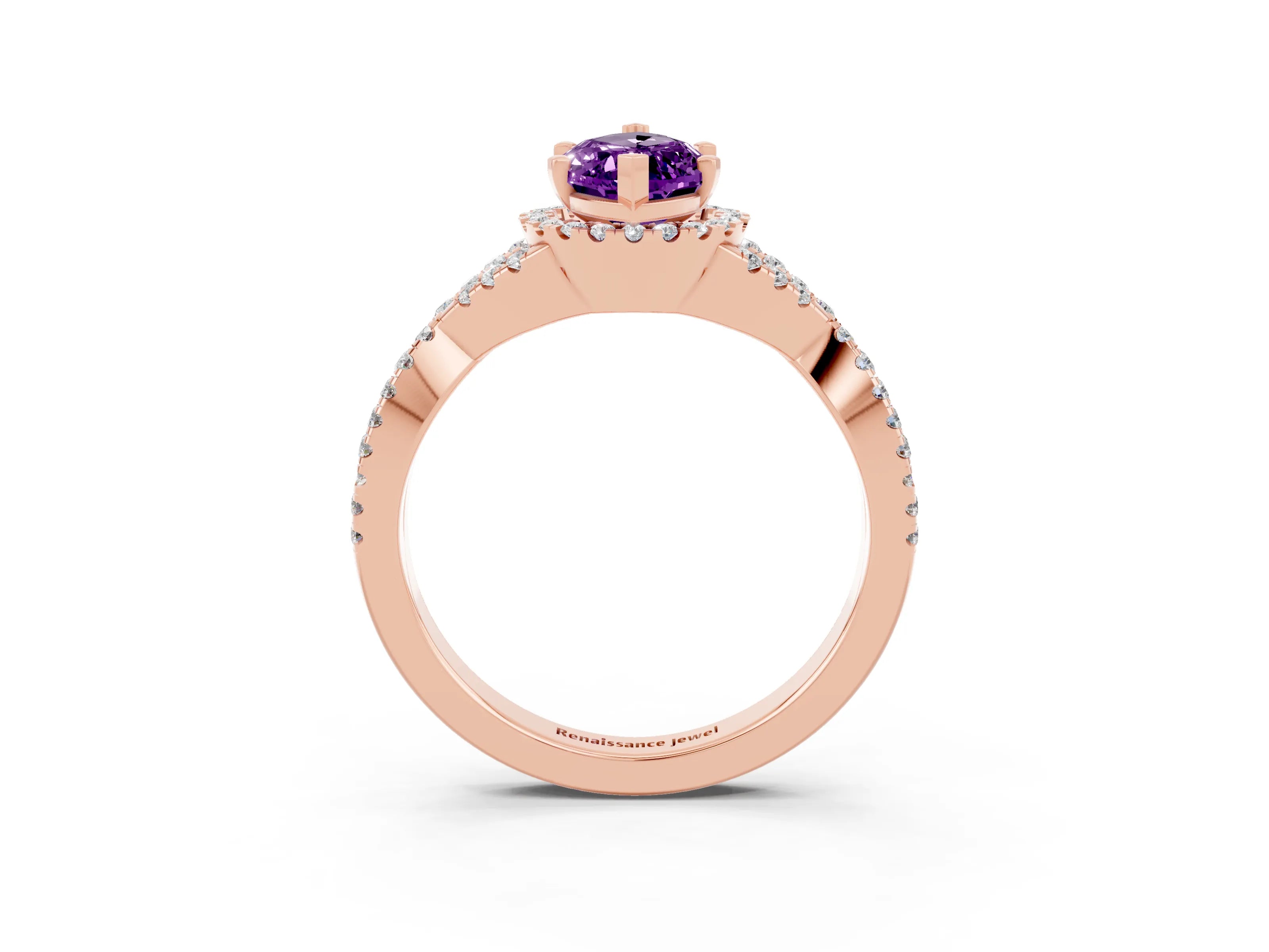 Rose gold Marquise Cut Amethyst Halo Twist Band Solitaire Prong Setting Ring_3