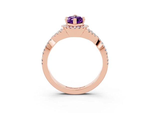 Rose gold Marquise Cut Amethyst  Halo Twist Band Solitaire Prong Setting Ring