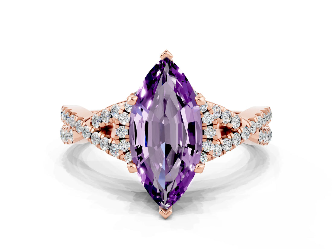 Rose gold Marquise Cut Amethyst  Halo Twist Band Solitaire Prong Setting Ring_42