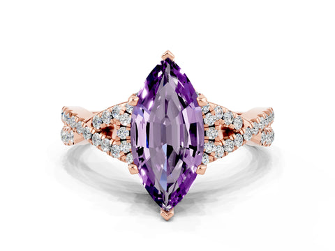 Rose gold Marquise Cut Amethyst Halo Twist Band Solitaire Prong Setting Ring