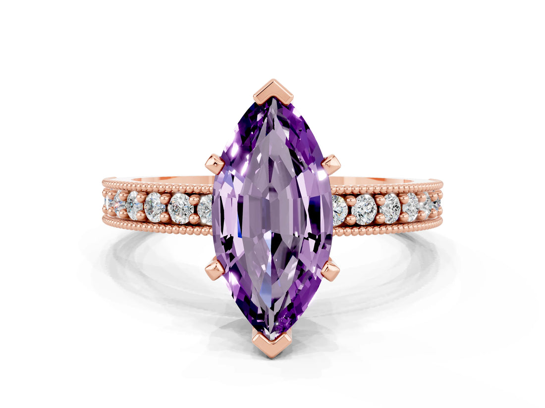 Rose gold Marquise Cut Amethyst Milgrain Pavé Engagement Ring with Four-Prong Setting