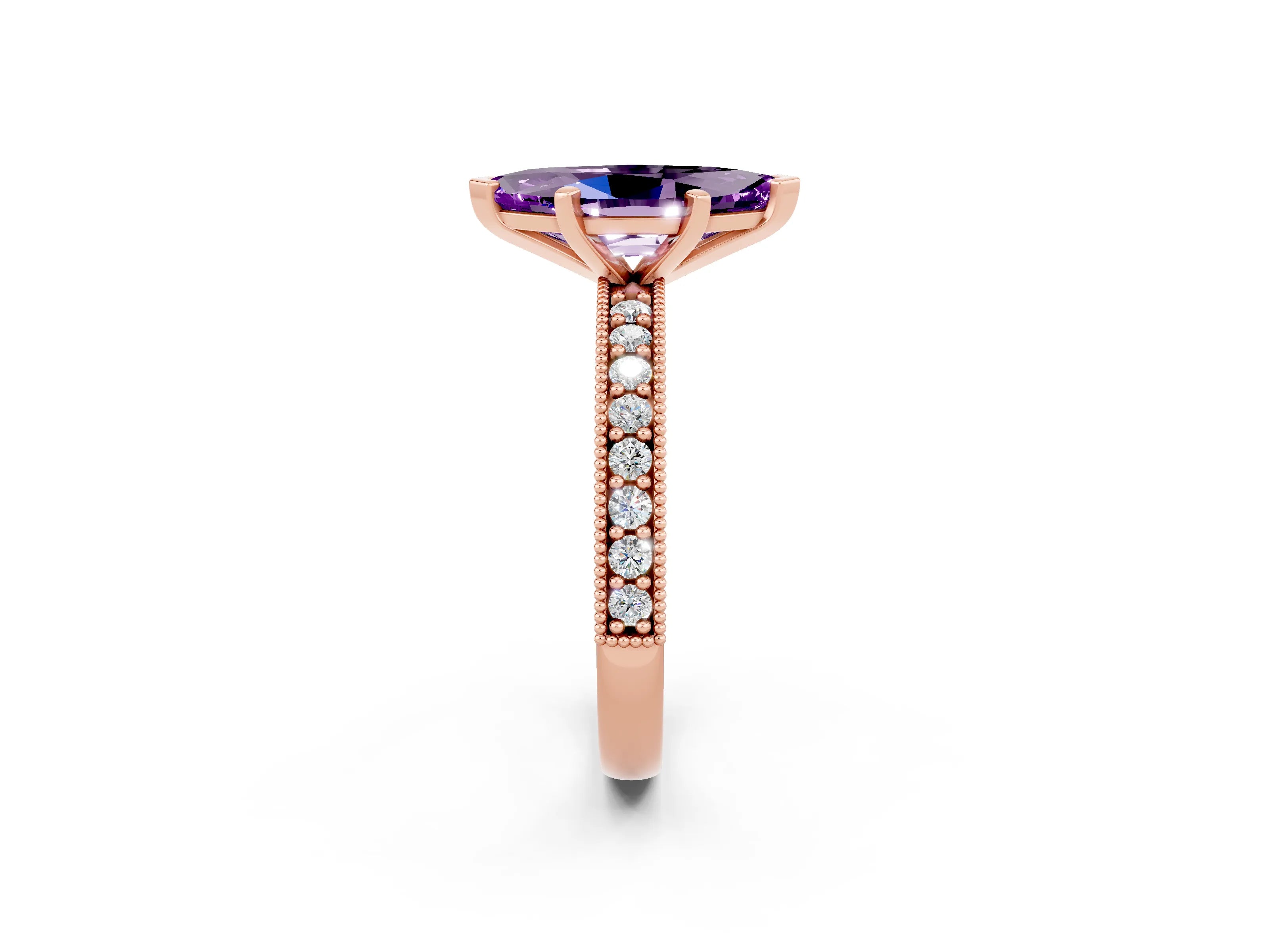 Rose gold Marquise Cut Amethyst Milgrain Pavé Engagement Ring with Four-Prong Setting_2