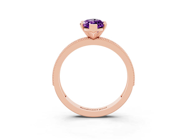 Rose gold Marquise Cut Amethyst Milgrain Pavé Engagement Ring with Four-Prong Setting