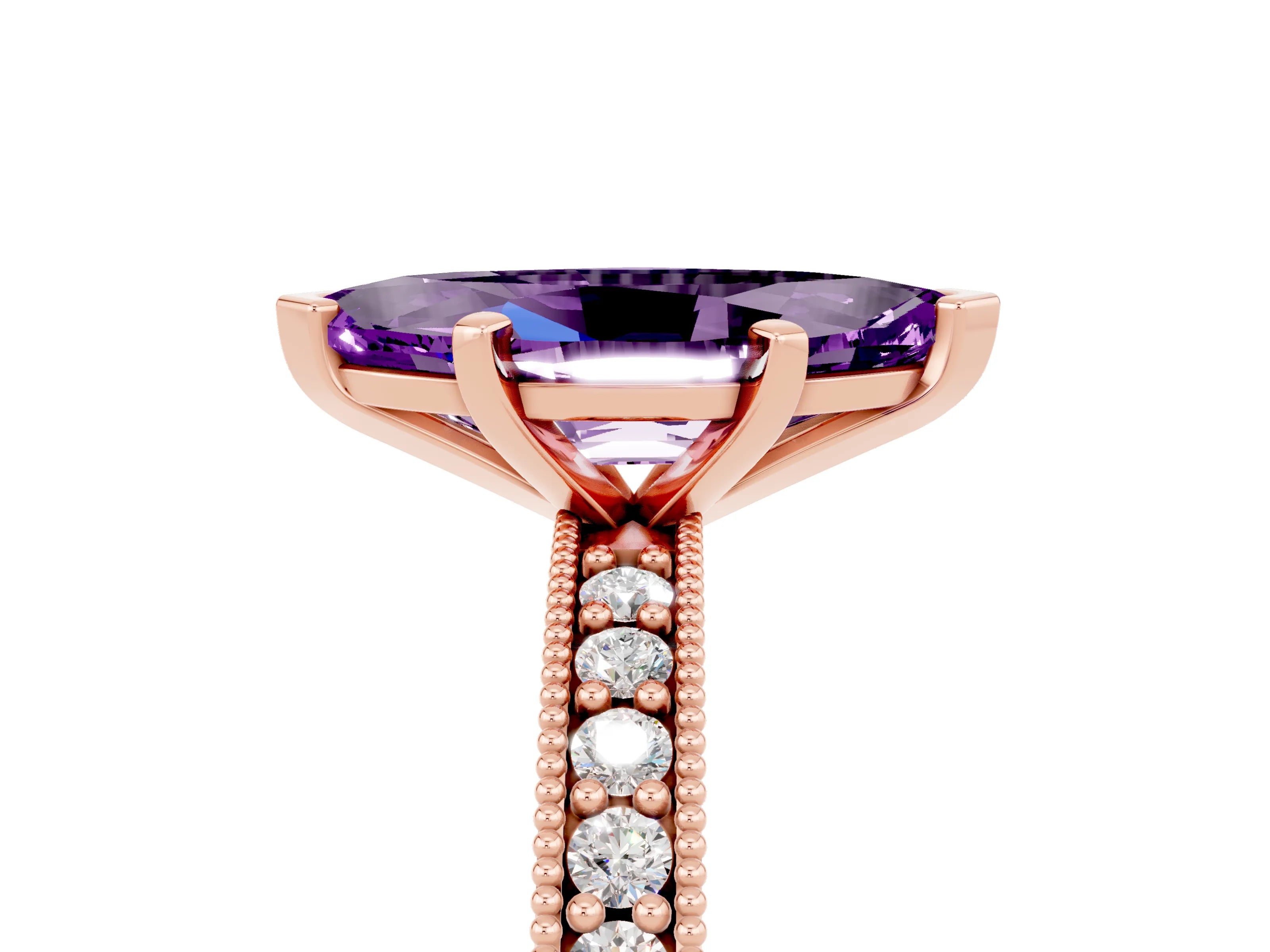 Rose gold Marquise Cut Amethyst Milgrain Pavé Engagement Ring with Four-Prong Setting_5