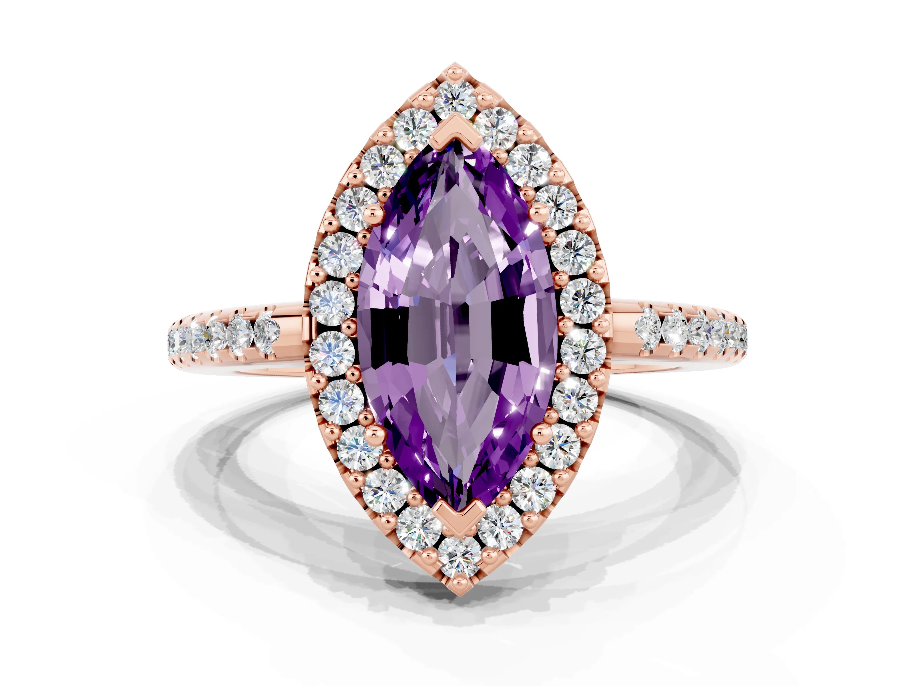 Rose gold Marquise Cut Amethyst Pavé Halo Ring with Four-Prong Setting_12