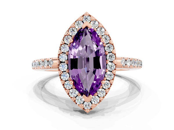 Rose gold Marquise Cut Amethyst Pavé Halo Ring with Four-Prong Setting