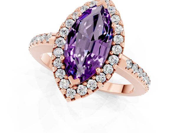 Rose gold Marquise Cut Amethyst Pavé Halo Ring with Four-Prong Setting