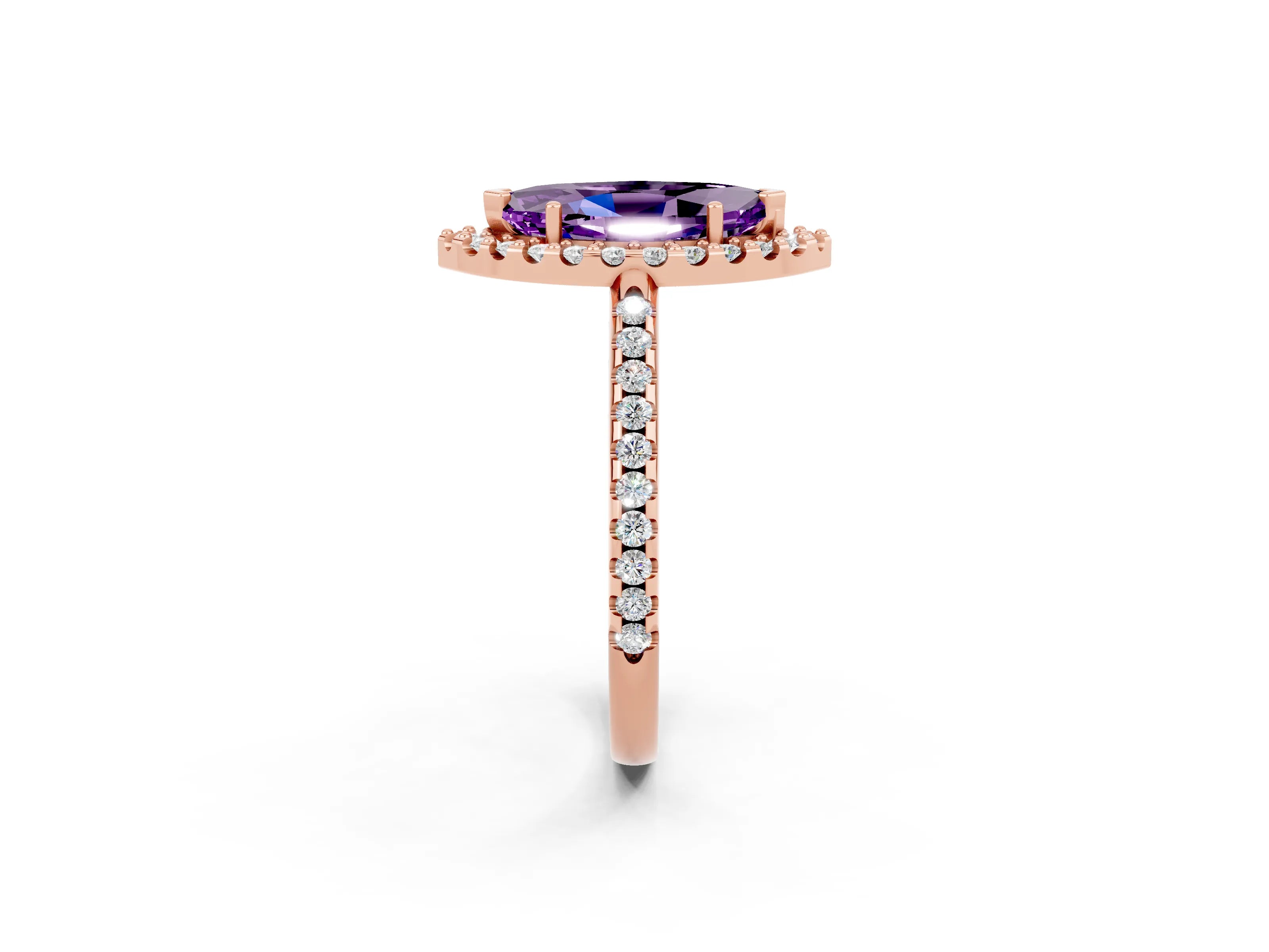 Rose gold Marquise Cut Amethyst Pavé Halo Ring with Four-Prong Setting_14