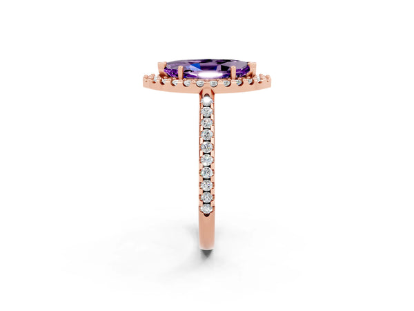Rose gold Marquise Cut Amethyst Pavé Halo Ring with Four-Prong Setting