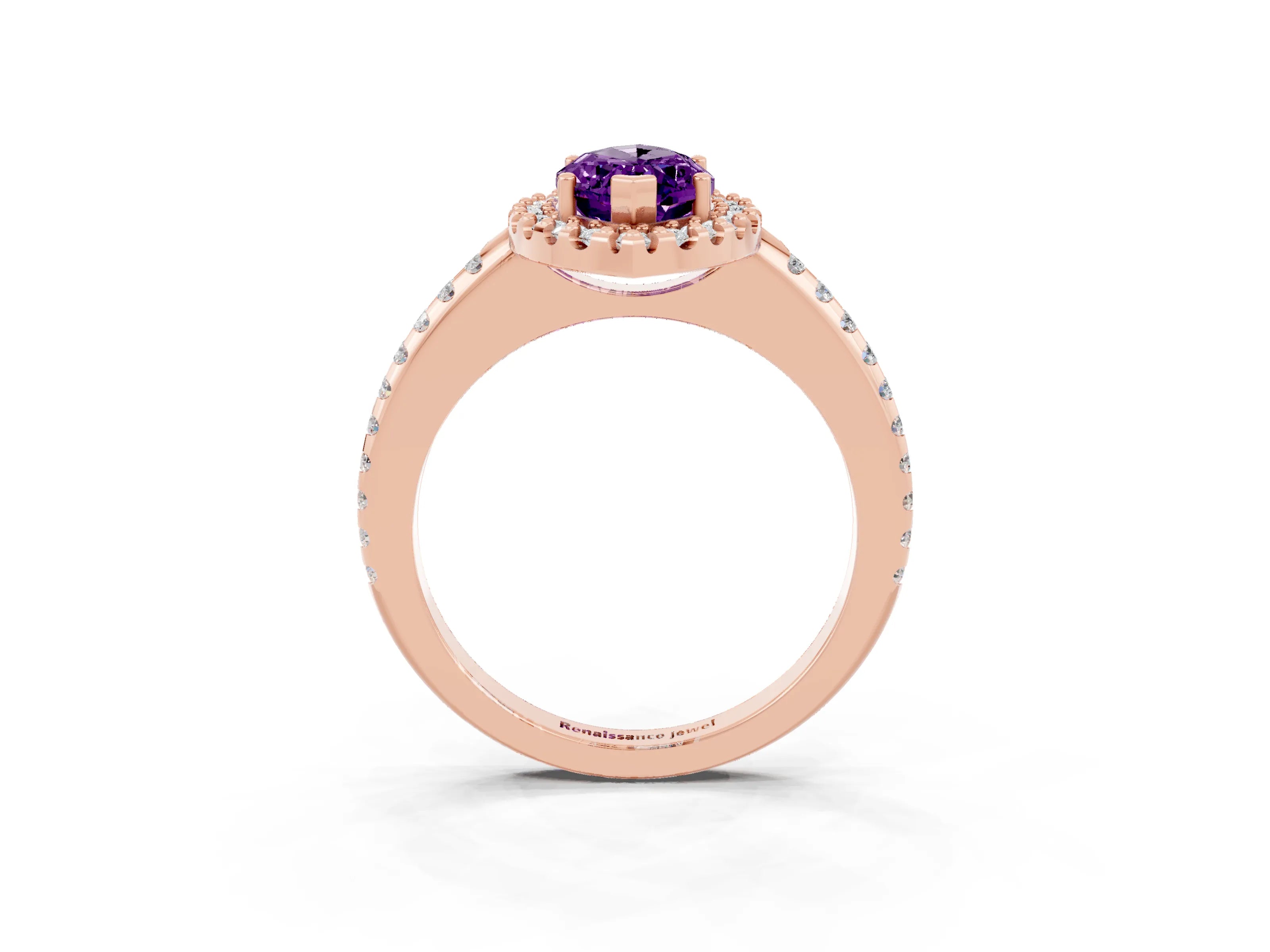 Rose gold Marquise Cut Amethyst Pavé Halo Ring with Four-Prong Setting_15