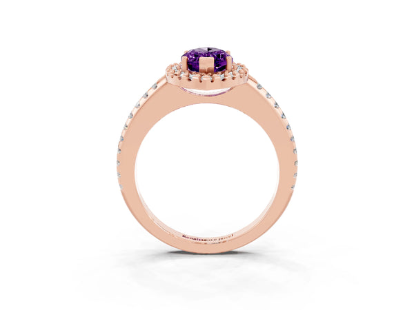 Rose gold Marquise Cut Amethyst Pavé Halo Ring with Four-Prong Setting