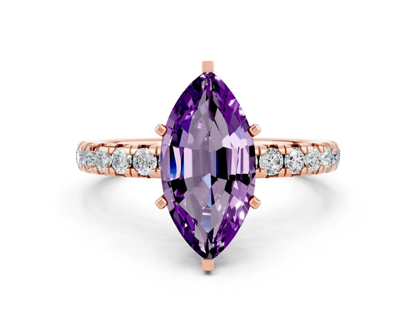 Rose gold Marquise Cut Amethyst Pavé Solitaire Ring with Round Band and Prong Setting
