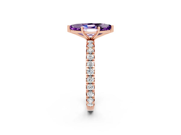 Rose gold Marquise Cut Amethyst Pavé Solitaire Ring with Round Band and Prong Setting