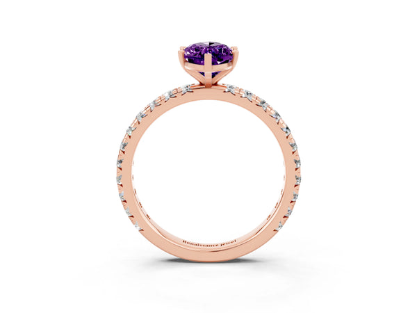 Rose gold Marquise Cut Amethyst Pavé Solitaire Ring with Round Band and Prong Setting
