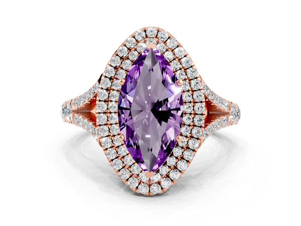 Rose gold Marquise Cut Amethyst Pavé Split Shank Double Halo Engagement Ring
