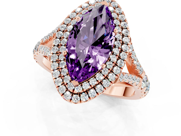 Rose gold Marquise Cut Amethyst Pavé Split Shank Double Halo Engagement Ring